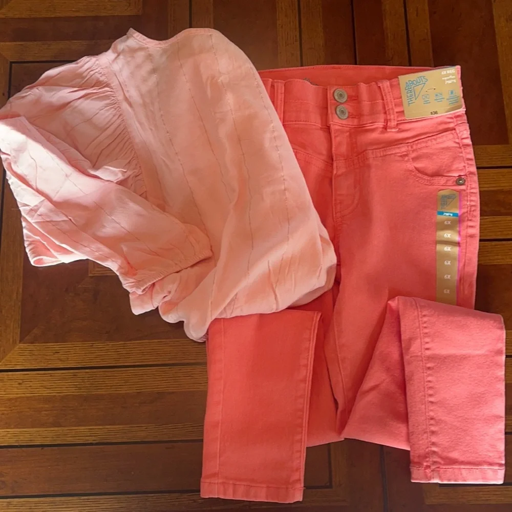 Thereabouts NWT Girls 6X Skinny Adjustable Waist Jeggings & Long Sleeve Blouse